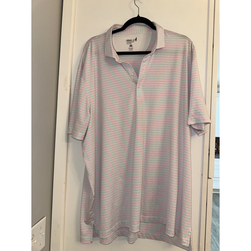 Johnnie-O Performance Polo Mens XXL Pink Blue Striped Short Sleeve UPF 50 Golf